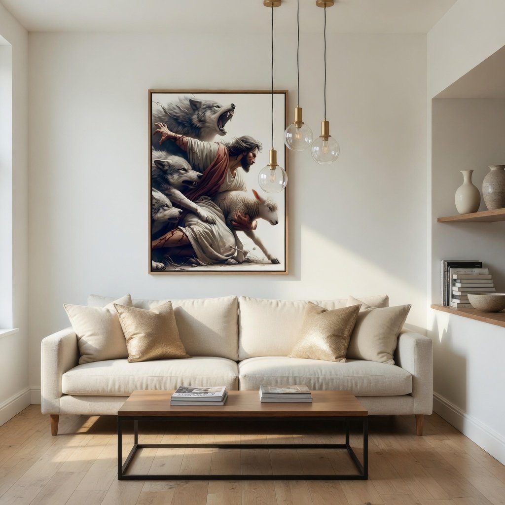 Jesus Protecting Lamb from Wolves - Canvas