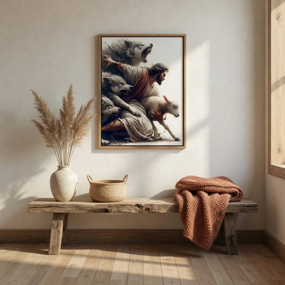 Jesus Protecting Lamb from Wolves - Canvas