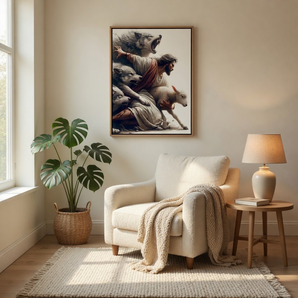 Jesus Protecting Lamb from Wolves - Canvas