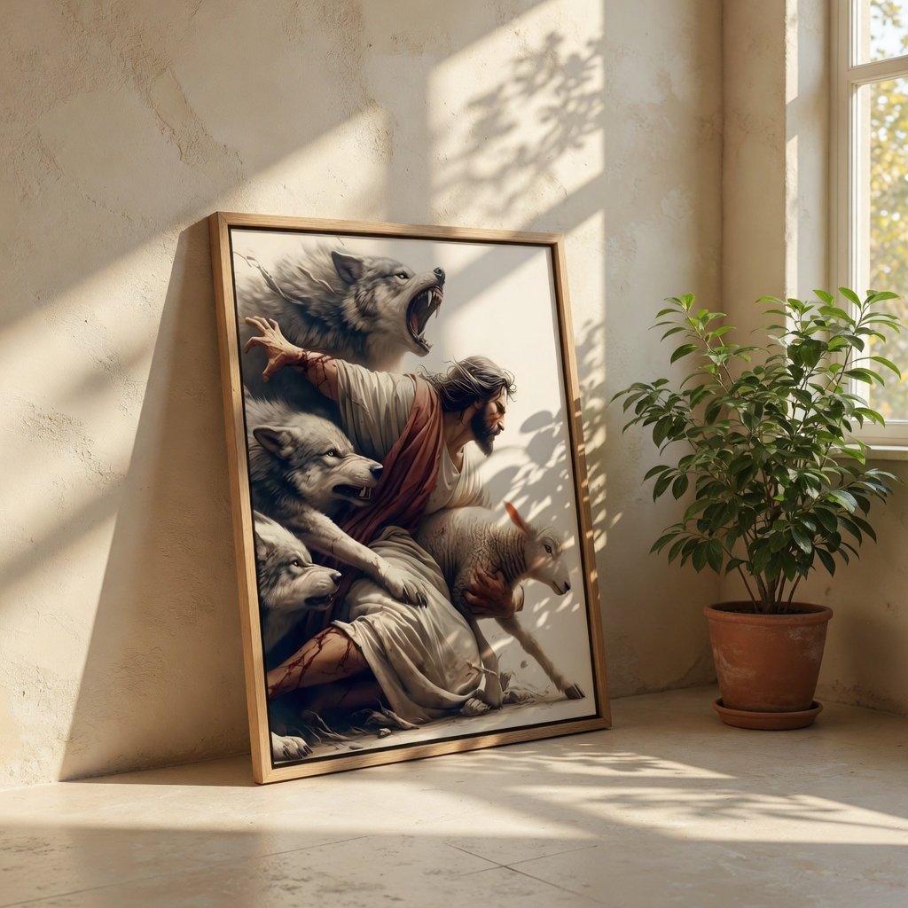 Jesus Protecting Lamb from Wolves - Canvas