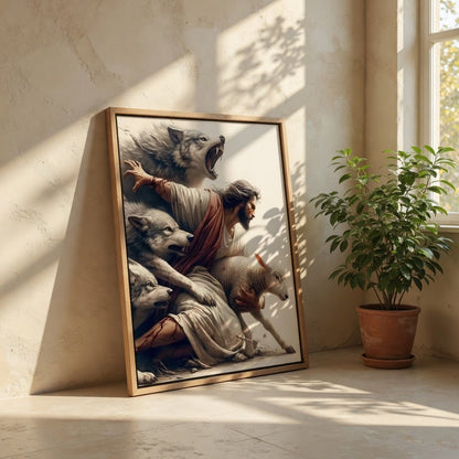 Jesus Protecting Lamb from Wolves - Canvas