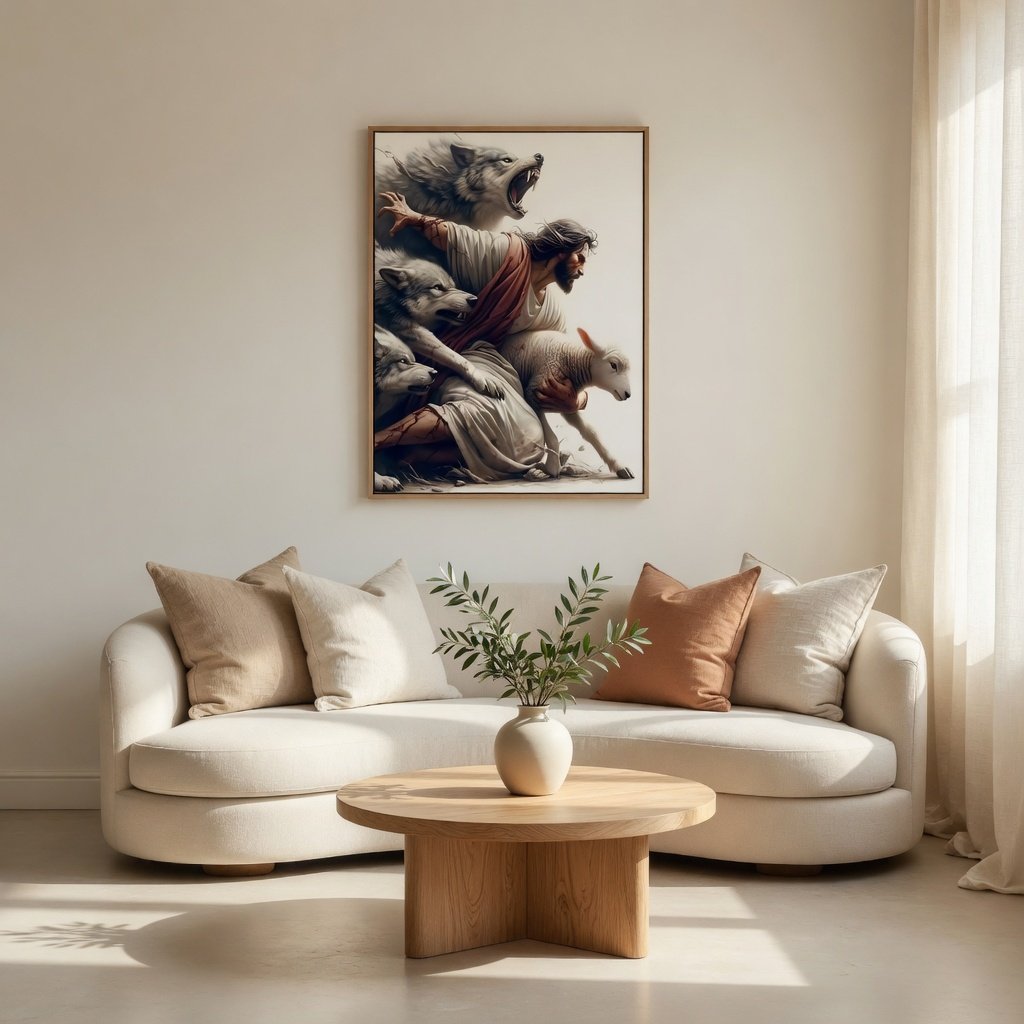 Jesus Protecting Lamb from Wolves - Canvas