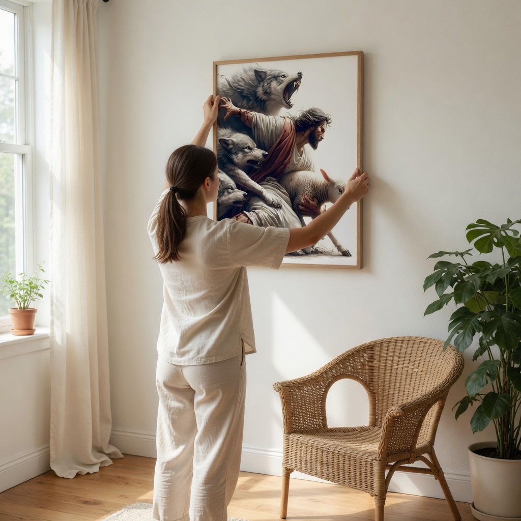 Jesus Protecting Lamb from Wolves - Canvas