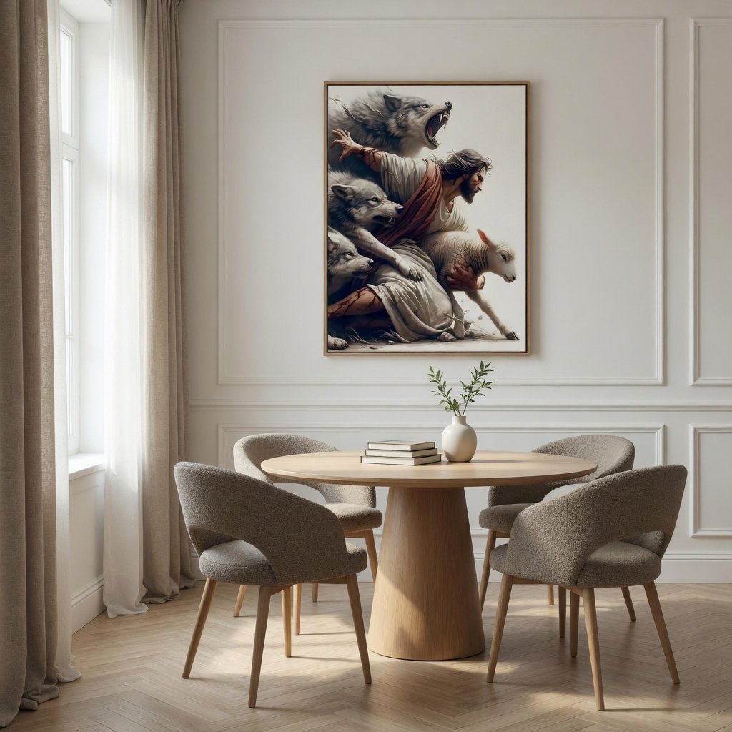Jesus Protecting Lamb from Wolves - Canvas